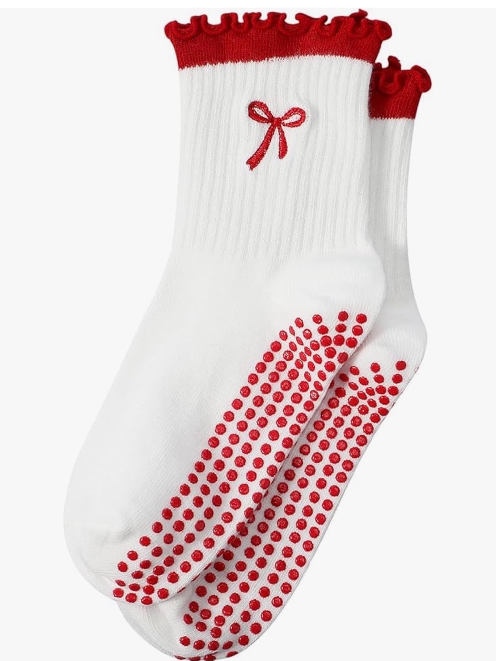 *NWT Non-Slip Ruffle Crew Socks with Red Bow Detail - White/Red